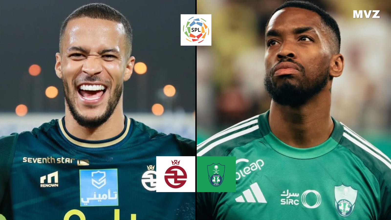 Affiche Al-Kholood face à Al Ahli SC avec un joueur de Al-Kholood à gauche et Ivan Toney à droite pour Al Ahli SC en Saudi pro League