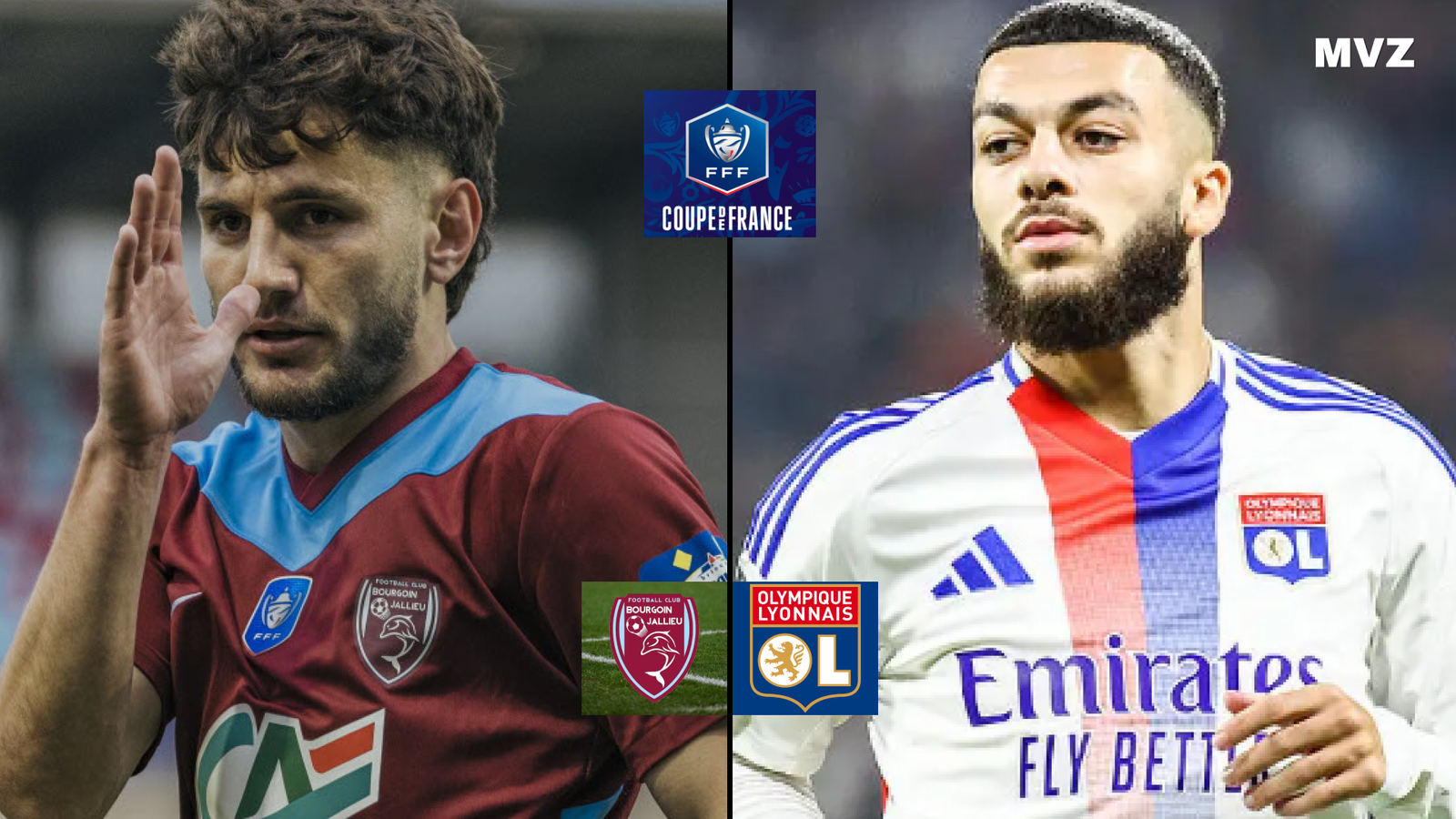Affiche Bourgoin-Jallieu face à l’Olympique Lyonnais en Coupe de France avec un joueur de Bourgoin et Mikautadze pour Lyon