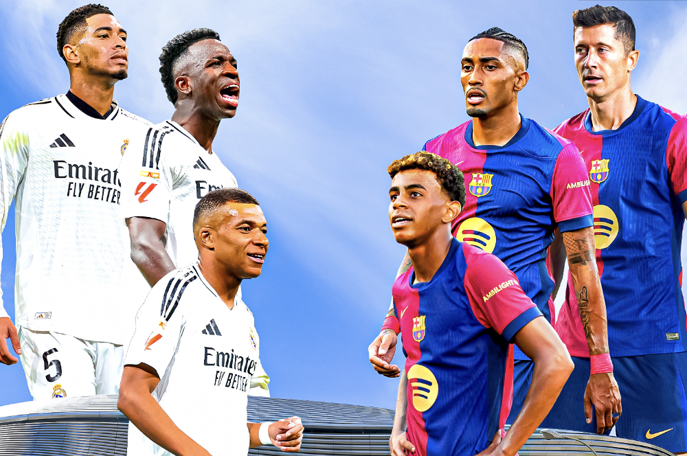 Affiche du Classico Real Madrid face au FC Barcelone avec Bellingham, Vinicius et Mbappé face à Yamal, Raphinha et Lewandowski