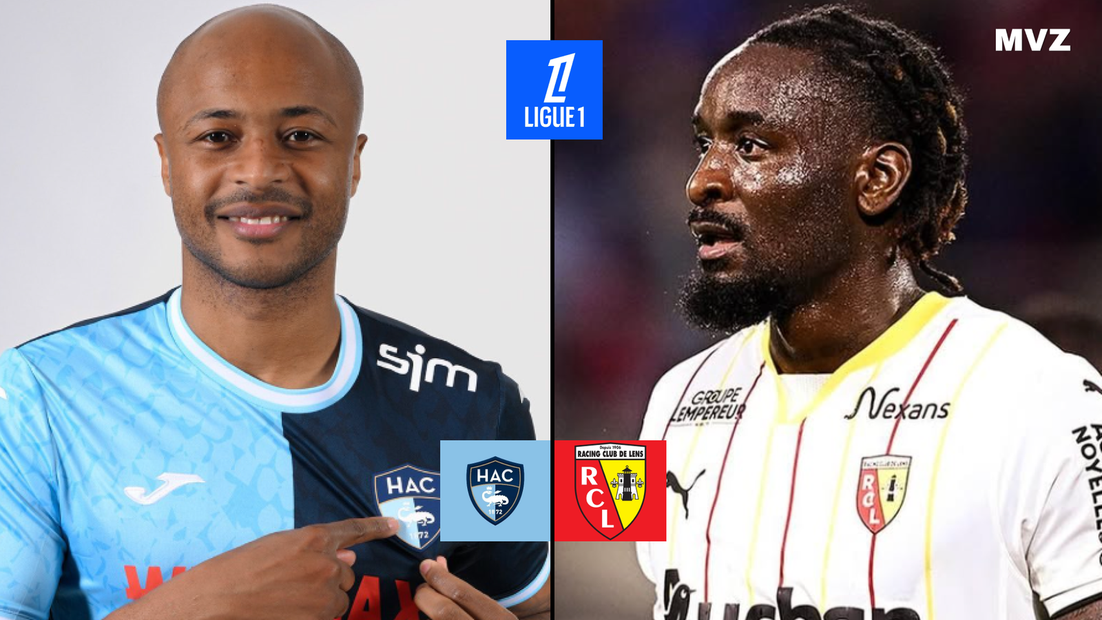 André Ayew avec le Havre face à Mbala Nzola du RC Lens en Ligue 1