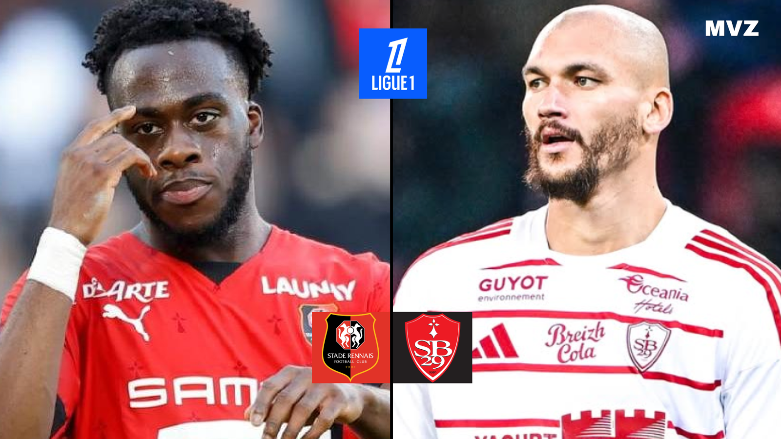 Arnaud Kalimuendo avec le Stade Rennais face à Ludovic Ajorque du Stade Brestois en Ligue 1