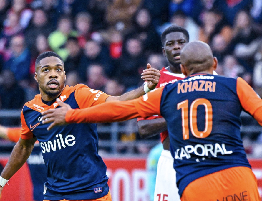 Arnaud Nordin célèbre son but avec le MHSC et Khazri en Ligue 1