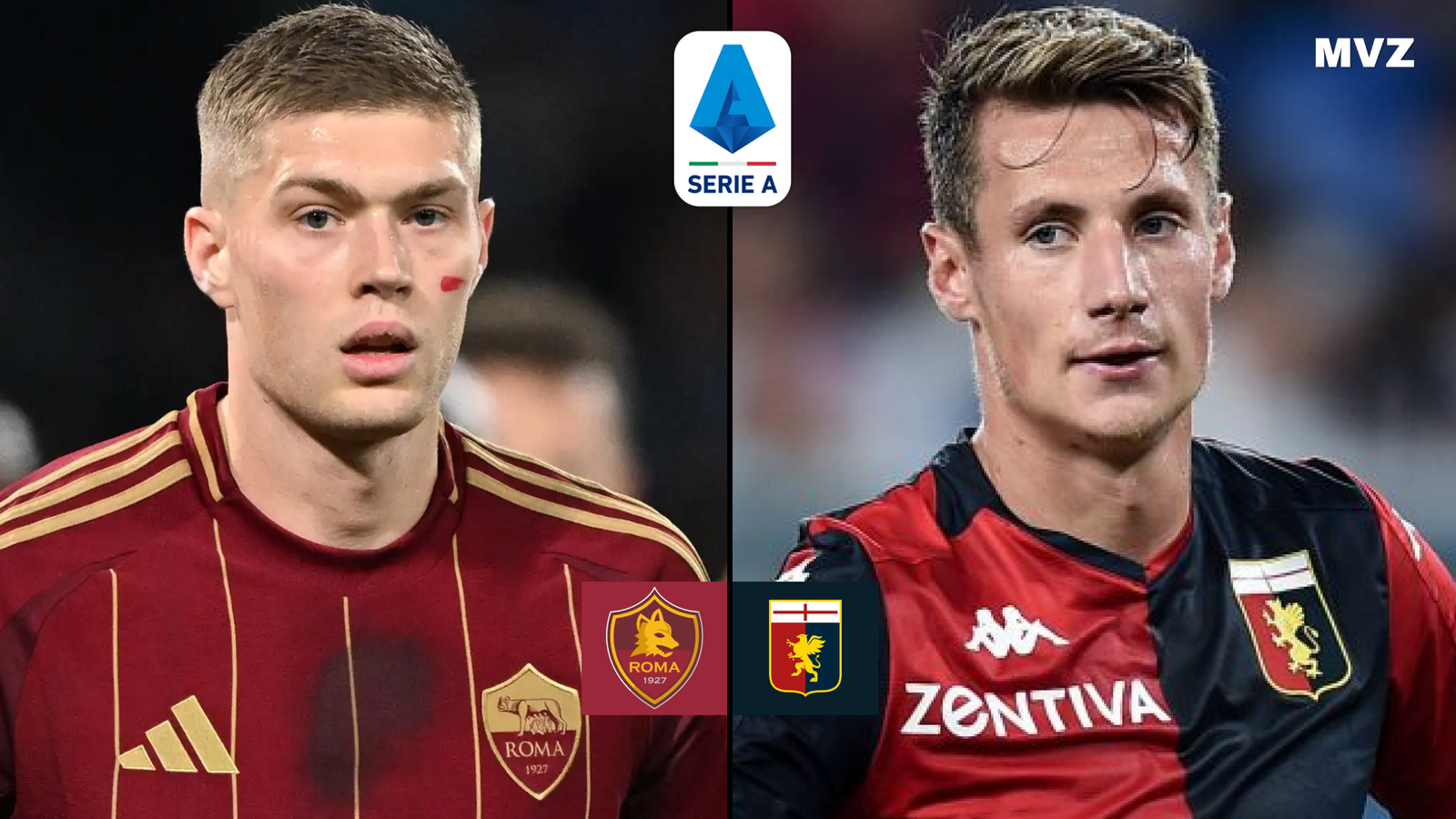 Artem Dovbyk attaquant de l’AS Rome face à Andrea Pinamonti du Genoa en Serie A