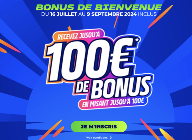 Bonus de Bienvenue Parions Sport : jusqu’à 100€ offerts en misant jusqu’à 100€ valable jusqu’au 9 septembre 2024