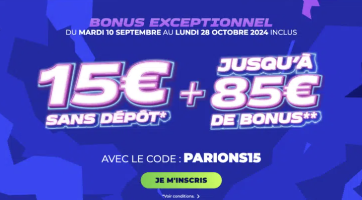 Bonus Exceptionnel Parions Sport pour parier sur la Ligue des Champions 15€ offerts sans dépôt et jusqu’à 85€ de bonus jusqu’au 28 octobre 2024