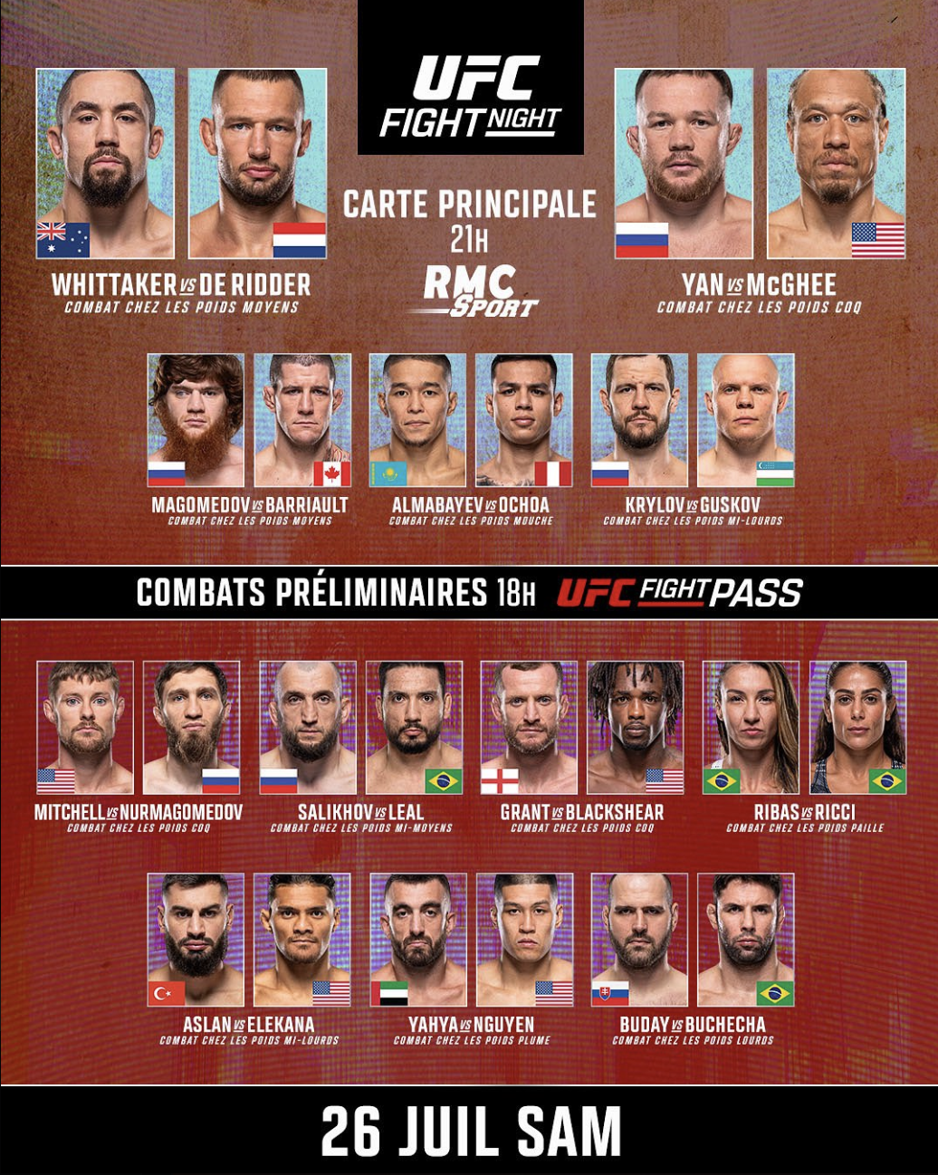 Carte et Horaires de l’UFC Fight Night avec Whittaker vs de Ridder en main event et Yan vs McGhee en co-main event