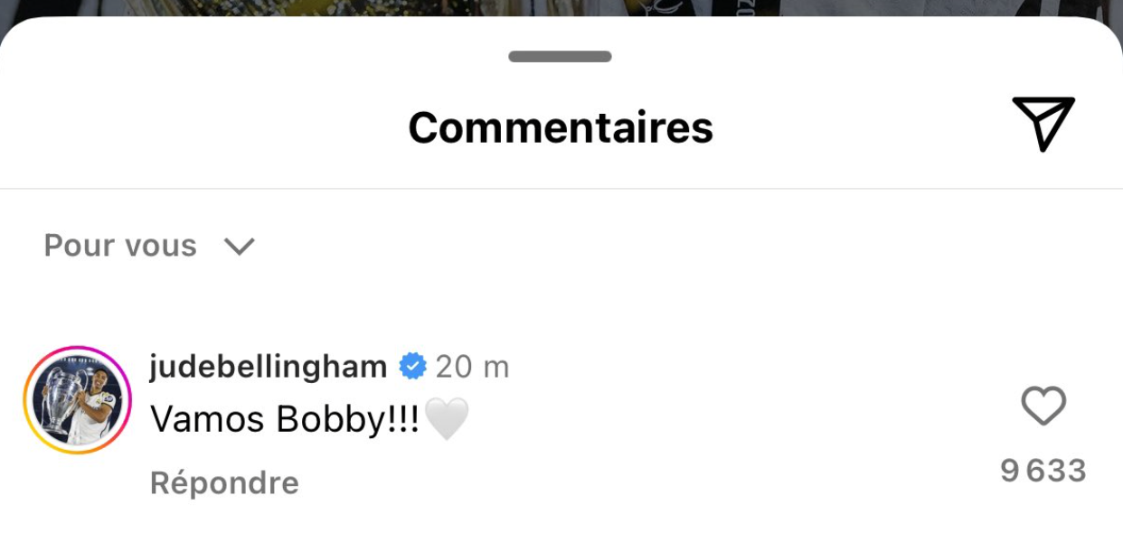 Commentaire de Jude Bellingham sous la publication instagram de Endrick “Vamos Bobby!!!”