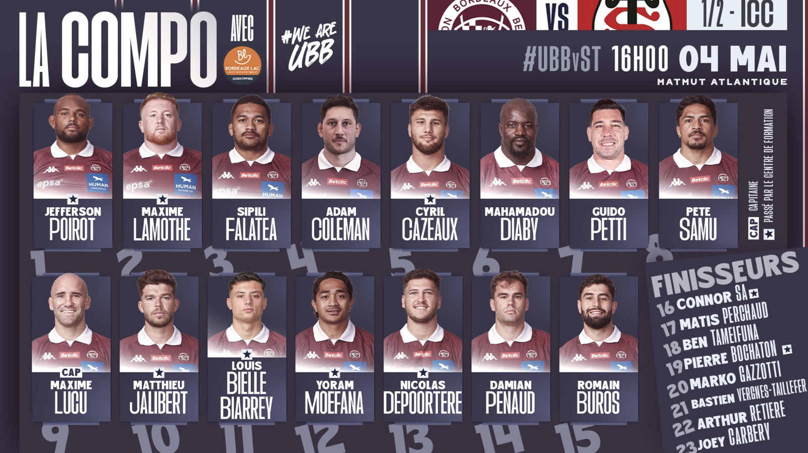 Composition officielle de Bordeaux-Bègles pour affronter Toulouse en demi-finale de Champions Cup
