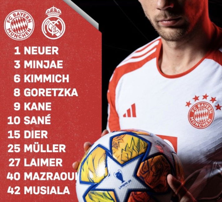 Compositions officielles du Bayern Munich pour affronter le Real Madrid 