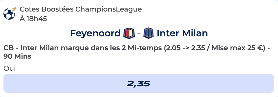Cote Boostée de de Parions Sport pour parier sur Feyenoord vs Inter Milan en Ligue des Champions