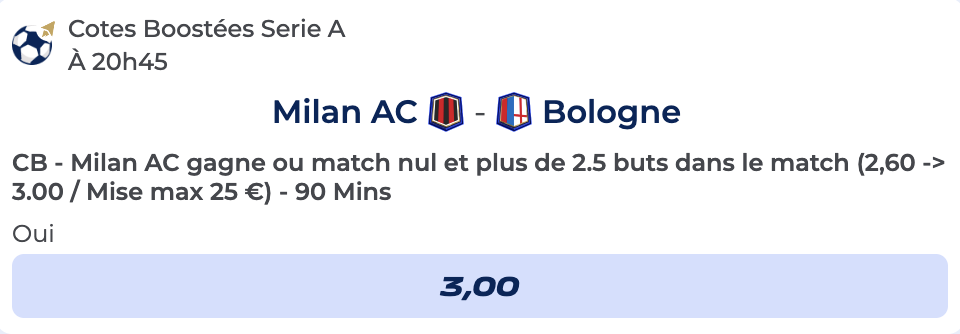 Cote Boostée de Parions Sport avec le 1er pari doublé pour parier sur AC Milan vs Bologne en Serie A