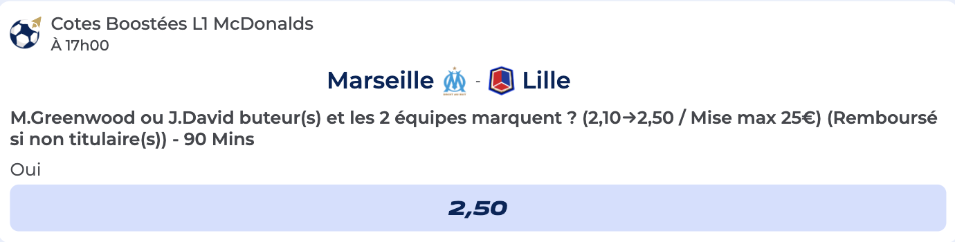 Cote Boostée de Parions Sport pour le match Marseille vs Lille en Ligue 1 avec Greenwood ou David buteurs et les 2 équipes marquent