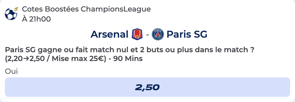 Cote Boostée de Parions Sport pour parier sur Arsenal vs PSG en Ligue des Champions
