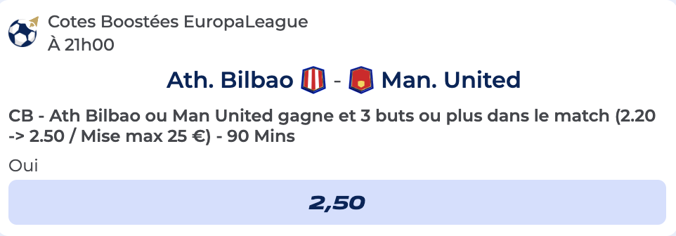Cote Boostée de Parions Sport pour parier sur Athletic Bilbao vs Manchester United en Ligue Europa