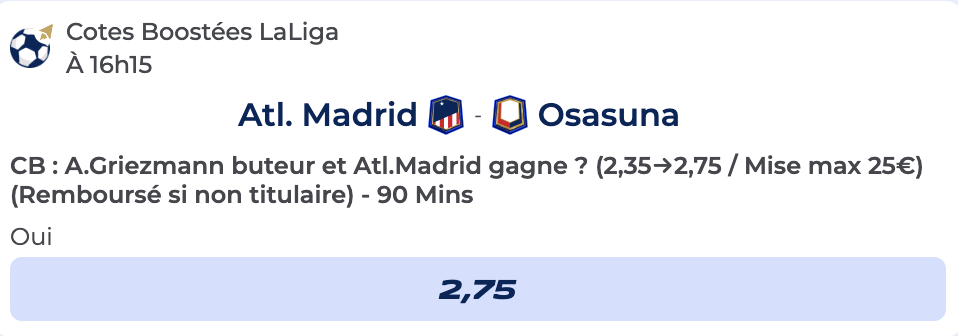 Cote boostée de Parions Sport pour parier sur Atlético Madrid vs Osasuna en Liga