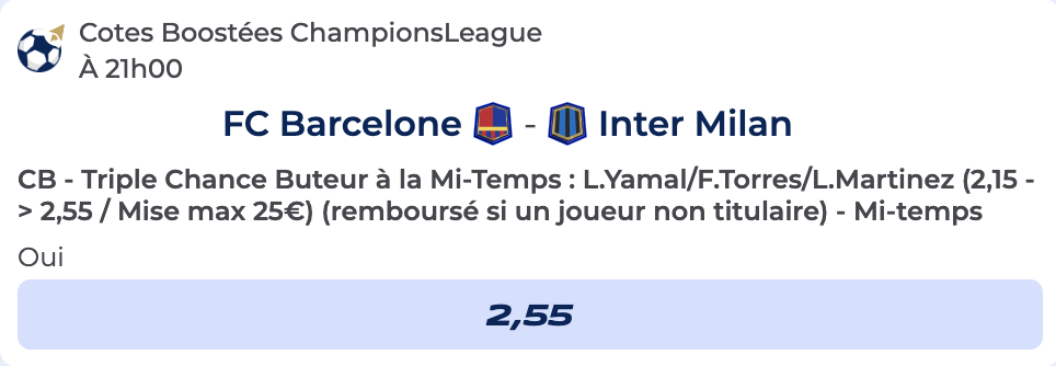 Cote Boostée de Parions Sport pour parier sur Barcelone vs Inter en Ligue des Champions