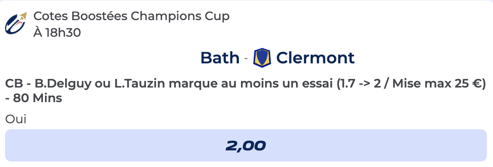 Cote Boostée de Parions Sport pour parier sur Bath vs Clermont en Champions Cup de Rugby