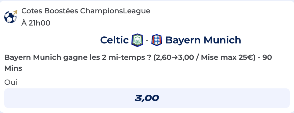 Cote Boostée de Parions Sport pour parier sur Celtic vs Bayern Munich en Ligue des Champions