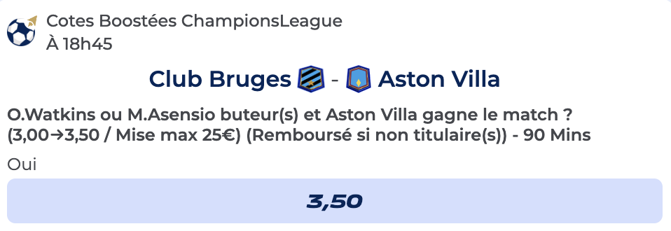 Cote Boostée de Parions Sport pour parier sur Club Bruges vs Aston Villa en Ligue des Champions