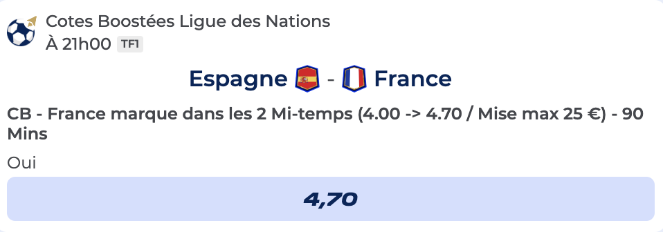 Cote Boostée de Parions Sport pour parier sur Espagne France en Ligue des Nations 2025