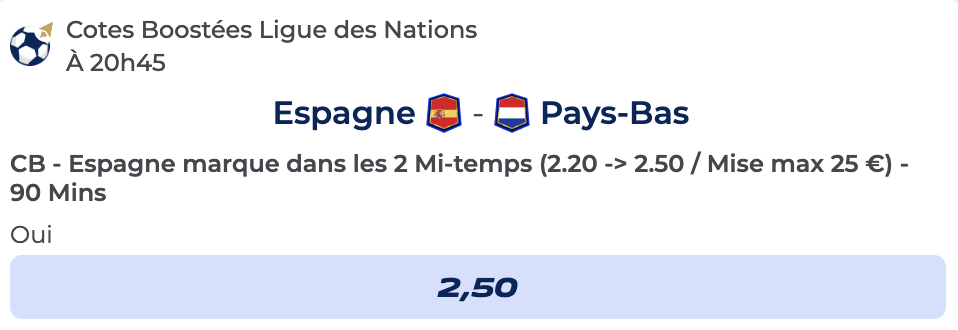 Cote Boostée de Parions Sport pour parier sur Espagne vs Pays-Bas en Ligue des Nations 2025