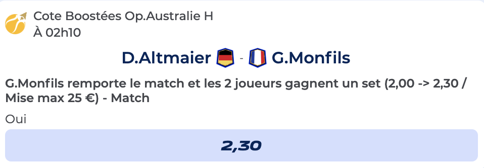 Cote Boostée de Parions Sport pour parier sur Gaël Monfils face à Daniel Altmaier à l’Open d’Australie