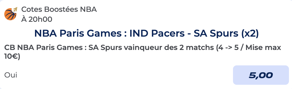 Cote Boostée de Parions Sport pour parier sur Indiana Pacers vs San Antonio Spurs aux NBA Paris Games 2025