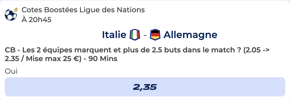 Cote Boostée de Parions Sport pour parier sur Italie vs Allemagne en Ligue des Nations 2025