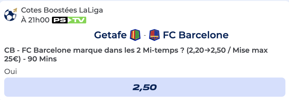 Cote Boostée de Parions Sport pour parier sur le match de Liga entre Getafe et Barcelone