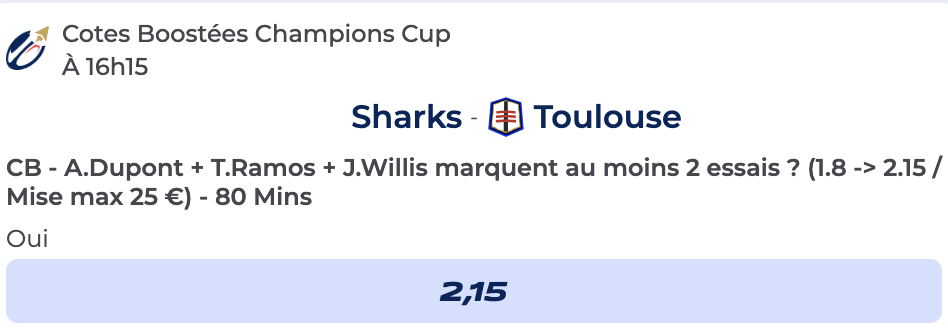 Cote Boostée de Parions Sport pour parier sur le match Sharks vs Toulouse en Champions Cup