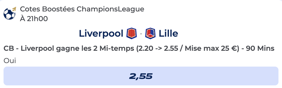 Cote Boostée de Parions Sport pour parier sur Liverpool vs Lille en Ligue des Champions