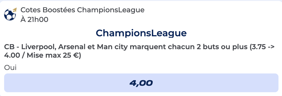 Cote Boostée de Parions Sport pour parier sur Manchester City vs Club Brugge en Ligue des Champions 