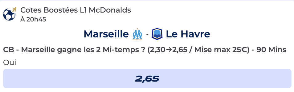 Cote boostée de Parions Sport pour parier sur Marseille vs Le Havre en Ligue 1