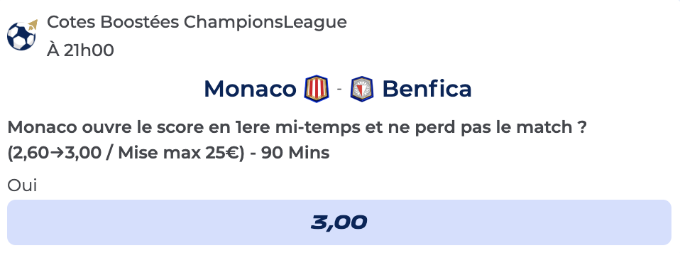 Cote Boostée de Parions Sport pour parier sur Monaco vs Benfica en Ligue des Champions