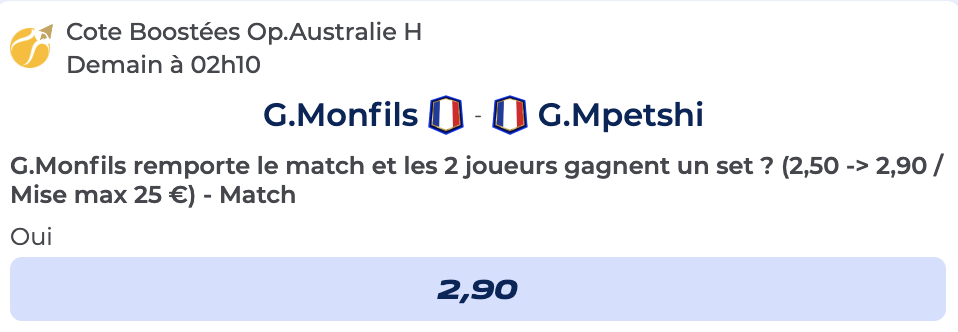 Cote Boostée de Parions Sport pour parier sur Monfils vs Mpetshi Perricard à l’Open d’Australie 