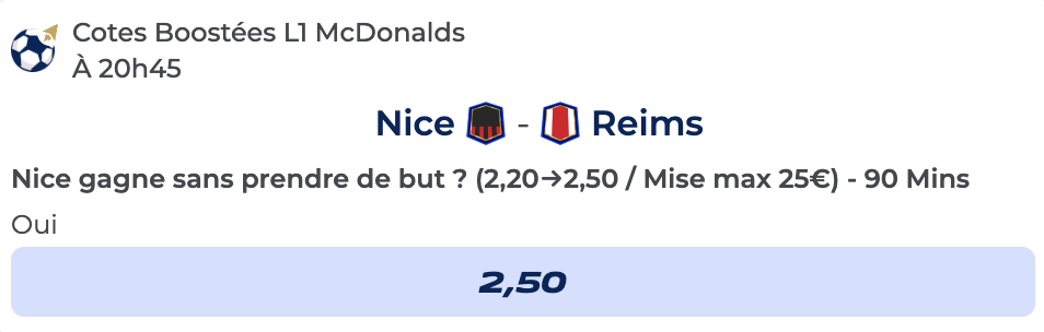 Cote Boostée de Parions Sport pour parier sur Nice vs Reims en Ligue 1