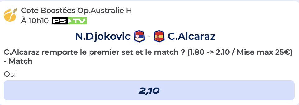 Cote Boostée de Parions Sport pour parier sur Novak Djokovic vs Carlos Alcaraz à l’Open d’Australie
