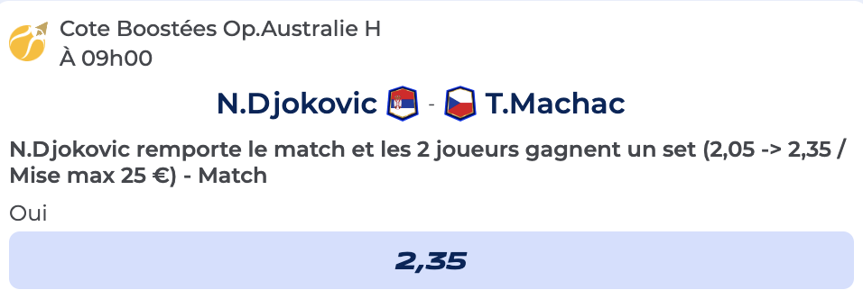 Cote Boostée de Parions Sport pour parier sur Novak Djokovic vs Tomas Machac à l’Open d’Australie