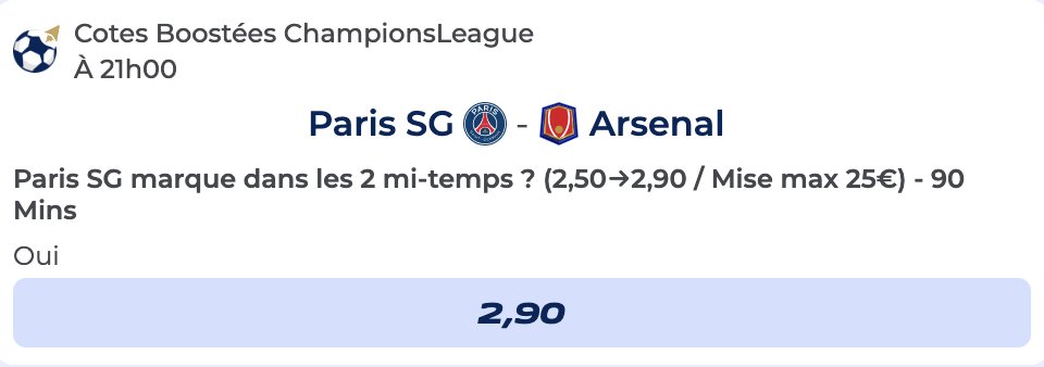 Cote boostée de Parions Sport pour parier sur Paris Saint-Germain vs Arsenal en Ligue des Champions