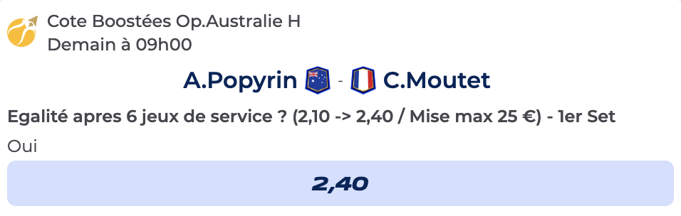 Cote Boostée de Parions Sport pour parier sur Popyrin vs Moutet à l’Open d’Australie