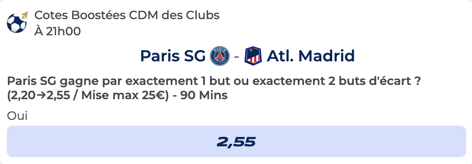 Cote Boostée de Parions Sport pour parier sur PSG vs Atlético Madrid à la Coupe du Monde des Clubs 2025