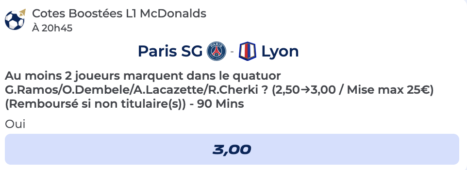 Cote boostée de Parions Sport pour parier sur PSG vs Lyon en Ligue 1