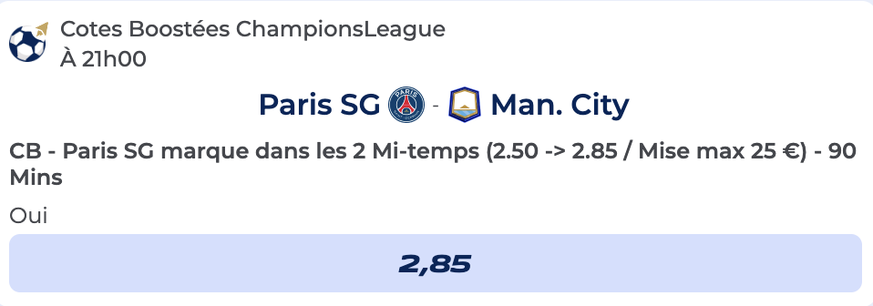 Cote Boostée de Parions Sport pour parier sur PSG vs Manchester City en Ligue des Champions