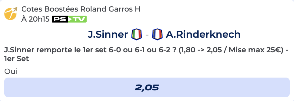 Cote Boostée de Parions Sport pour parier sur Sinner vs Rinderknech à Roland Garros 2025