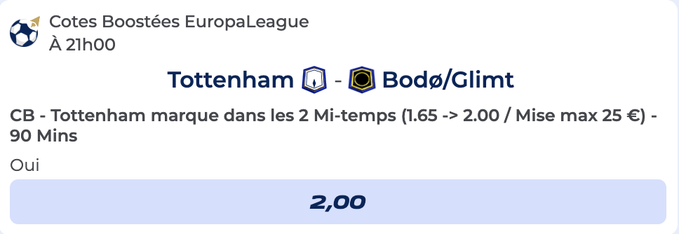 Cote Boostée de Parions Sport pour parier sur Tottenham vs Bodø/Glimt en Ligue Europa