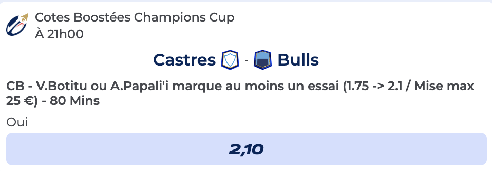 Cote Boostée de Parions Sport sur le match Castres vs Bulls en Champions Cup de Rugby