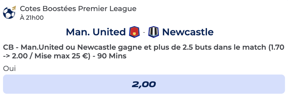 Cote boostée de Parions Sport sur le match Manchester United vs Newcastle en Premier League