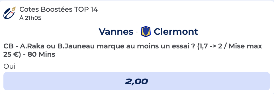 Cote boostée de Parions Sport sur le match Vannes vs Clermont en Top 14