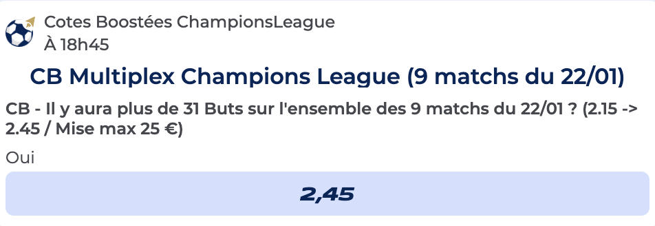 Cote Boostée de Parions Sport sur les 9 matchs de Ligue des Champions le mercredi 22 janvier 2025 : Il y aura au moins 31 buts sur l’ensemble des matchs