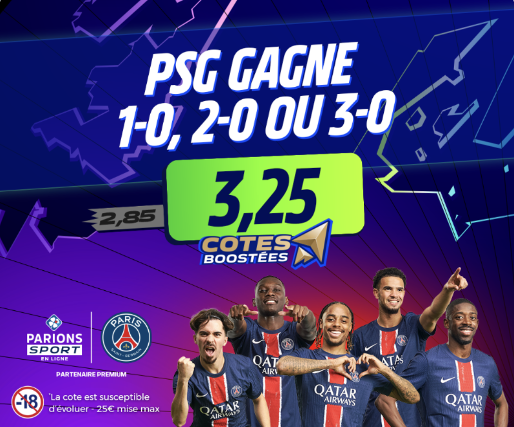 Cote boostée Parions Sport en Ligne : PSG gagne 1-0, 2-0 ou 3-0 face à l’Atlético Madrid qui passe de 2,85 à 3,25 